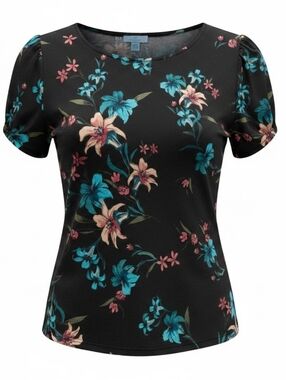 CeCe Floral Neck Puff Short Sleeve Blouse Black Multicolor 1X